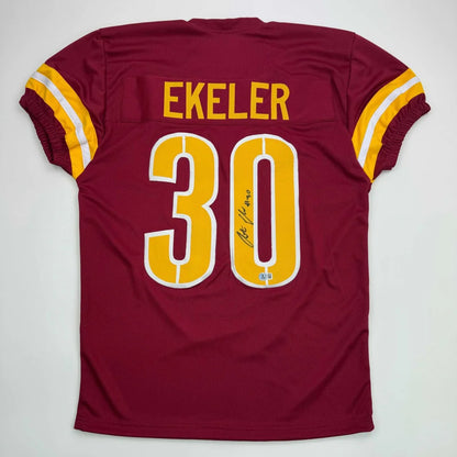 Maroon and gold professional sports league football jersey with EKELER 30 autograph