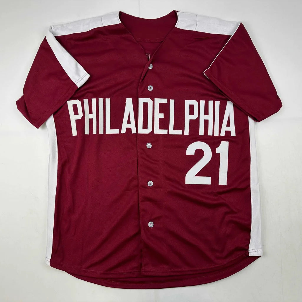 Autographed Bake McBride Philadelphia Retro Maroon Baseball Jersey JSA COA | Authenticated Signed Sports Jersey | vintageantiquesgifts.com