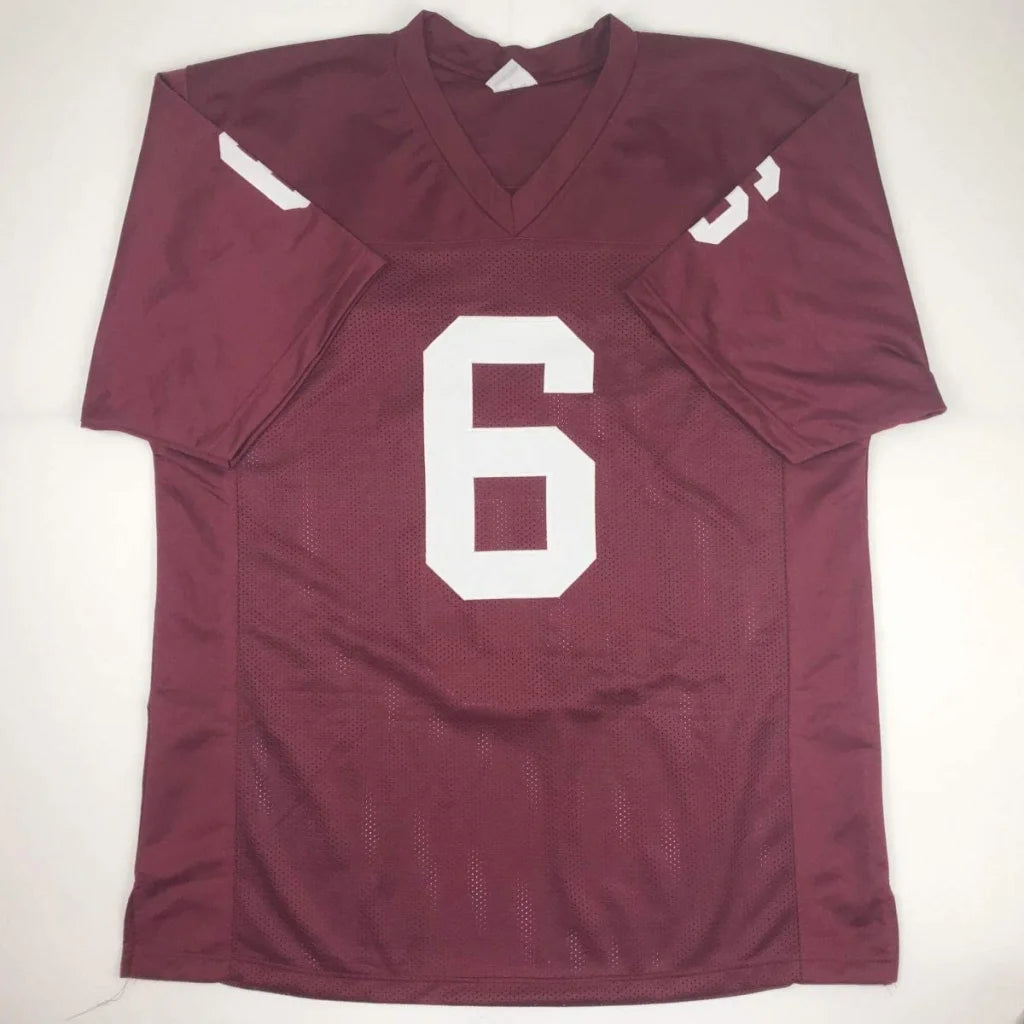 Autographed maroon Baker Mayfield Oklahoma custom football jersey with white number six and sleeve stripes for professional sports league collection