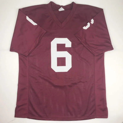 Autographed maroon Baker Mayfield Oklahoma custom football jersey with white number six and sleeve stripes for professional sports league collection