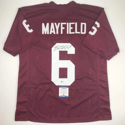 Maroon custom baker mayfield oklahoma crimson college football jersey with white lettering and autograph on back