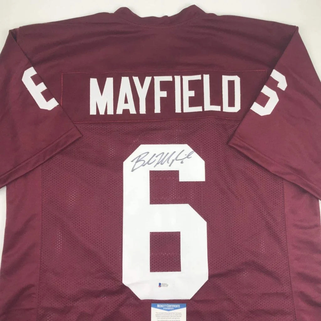 Maroon alabama crimson tide custom jersey with white mayfield 6 and signature inside numeral for professional sports league
