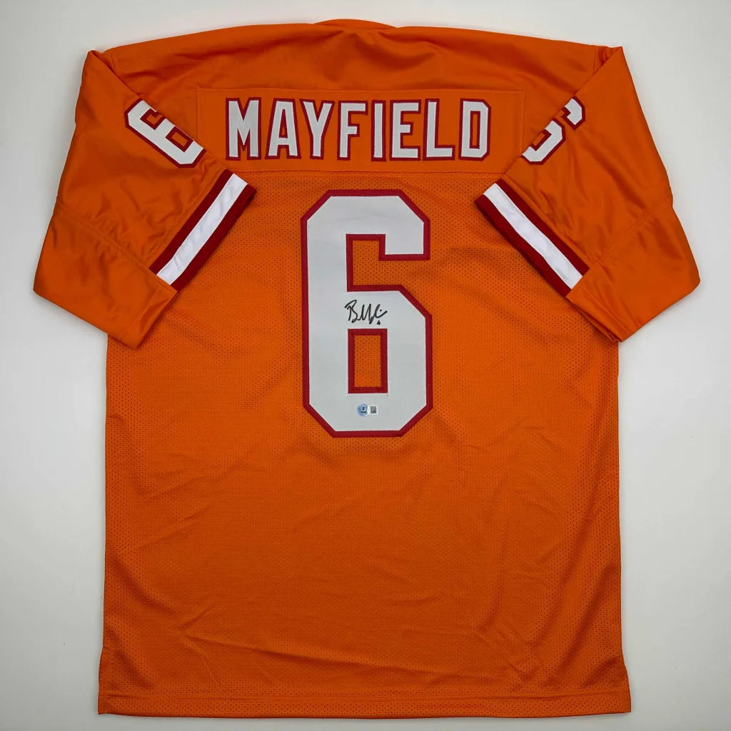 Autographed Baker Mayfield orange clemson tigers custom jersey with white red lettering number 6 professional sports league