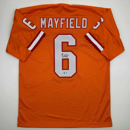 Autographed Baker Mayfield orange clemson tigers custom jersey with white red lettering number 6 professional sports league