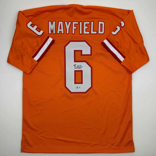 Autographed Baker Mayfield orange clemson tigers custom jersey with white red lettering number 6 professional sports league