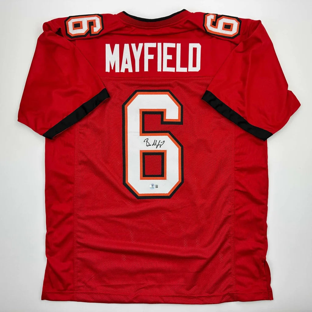 Autographed Baker Mayfield Tampa Bay Red Football Jersey Beckett BAS COA | Hall of Fame Sports Memorabilia | vintageantiquesgifts.com
