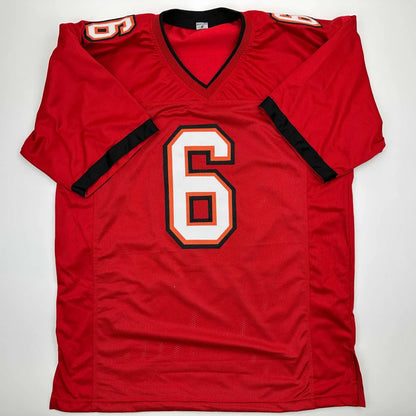 Red Mayfield 6 custom jersey with black trim, perfect for sports league fans