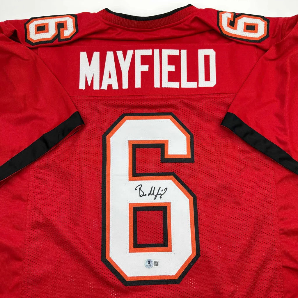 Autographed Baker Mayfield Tampa Bay Red Football Jersey Beckett BAS COA | Certified Authentic Signed Memorabilia | vintageantiquesgifts.com