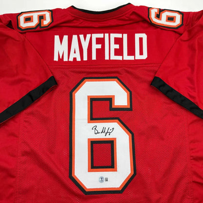 Autographed Baker Mayfield Tampa Bay Red Football Jersey Beckett BAS COA | Certified Authentic Signed Memorabilia | vintageantiquesgifts.com