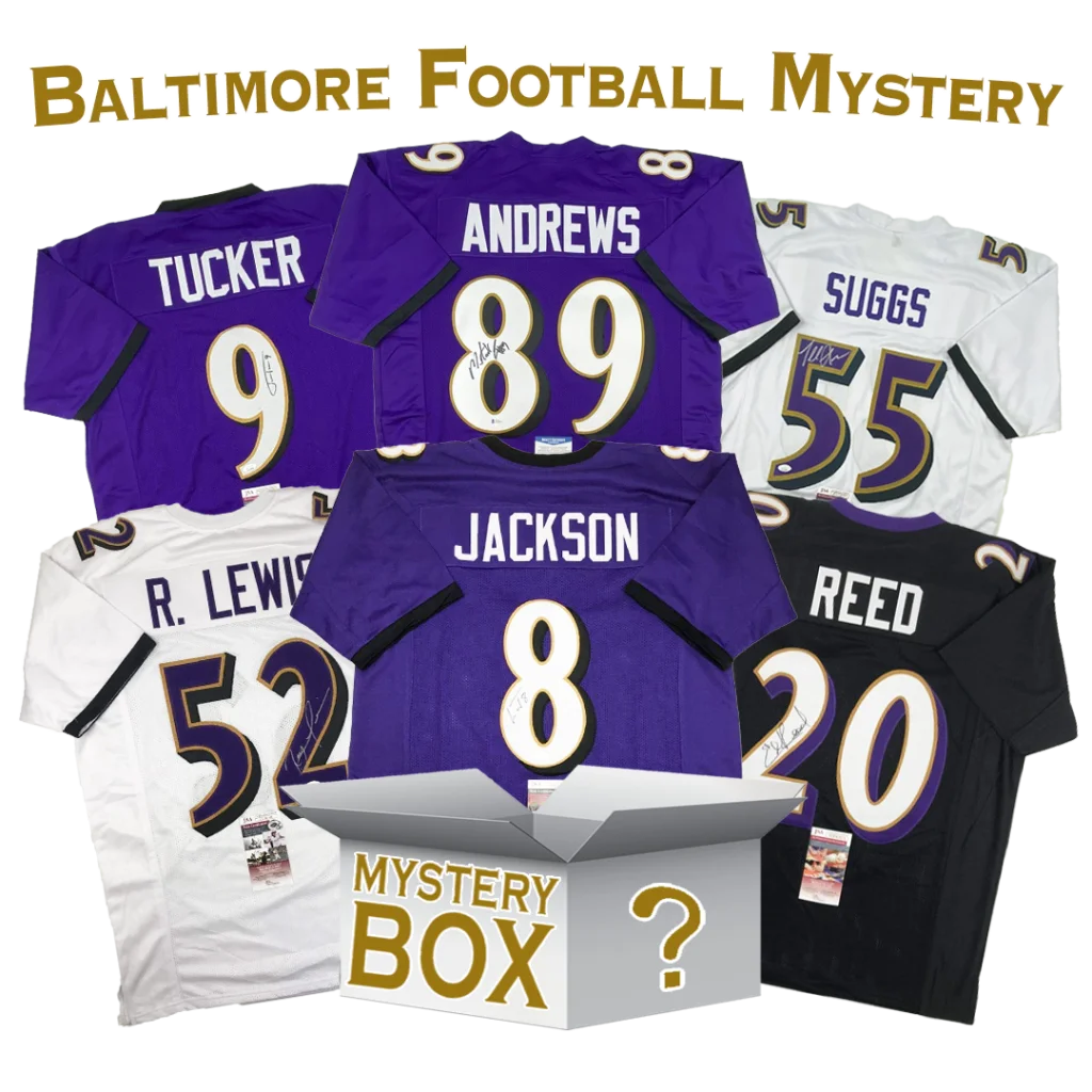 Baltimore football jerseys and autographed jerseys around a mystery box for football jersey mystery
