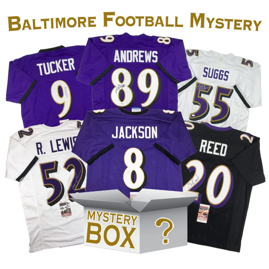 Baltimore football jerseys and autographed jerseys around a mystery box for football jersey mystery