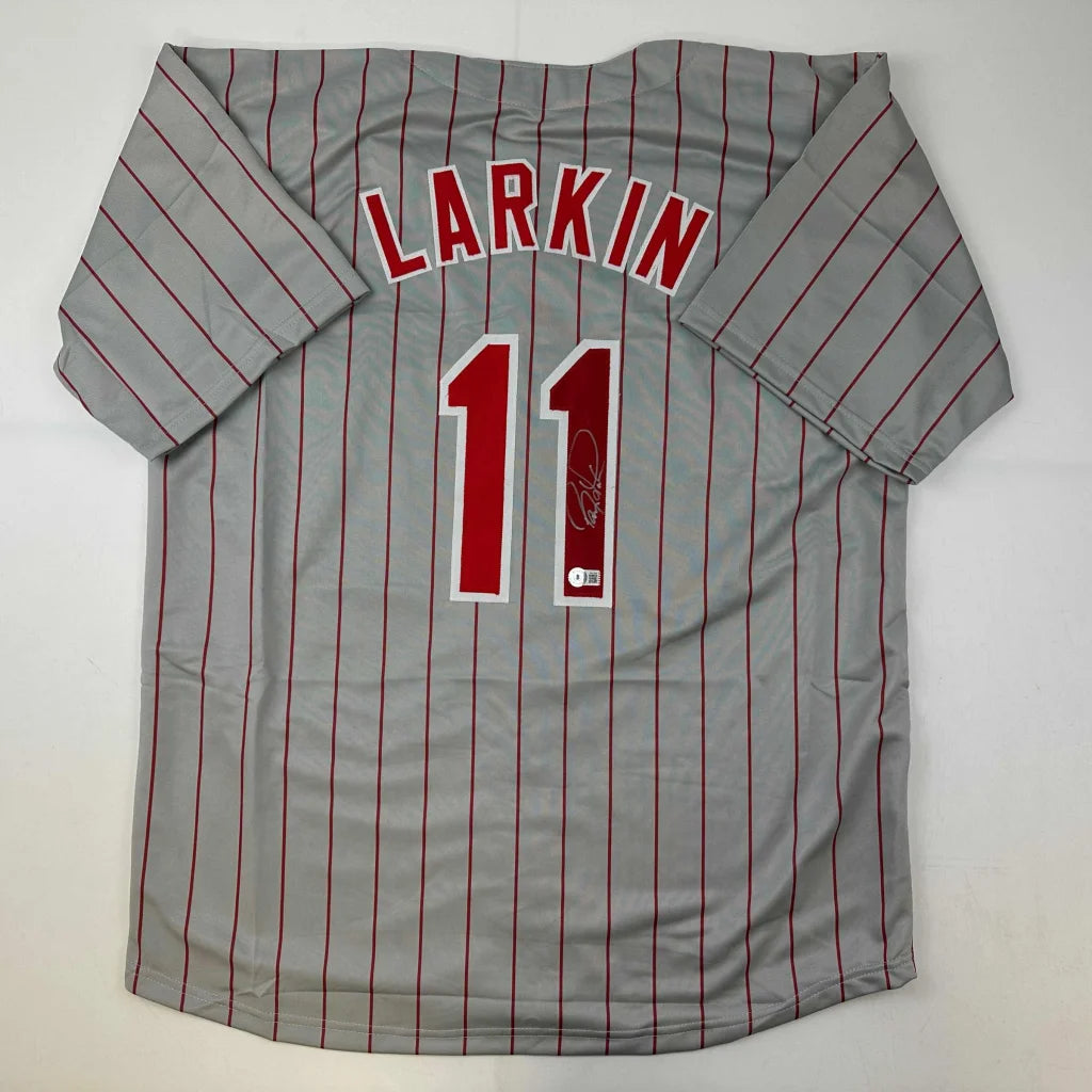 Autographed Barry Larkin gray pinstripe custom jersey, number 11, Beckett COA