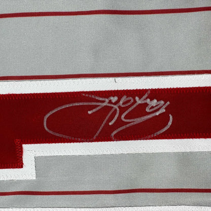 Red and white striped fabric with silver autograph from a professional sports league jersey