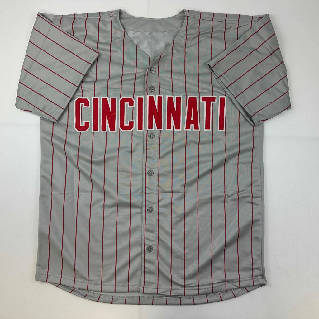 Gray pinstriped baseball jersey with CINCINNATI in red for professional sports league fans