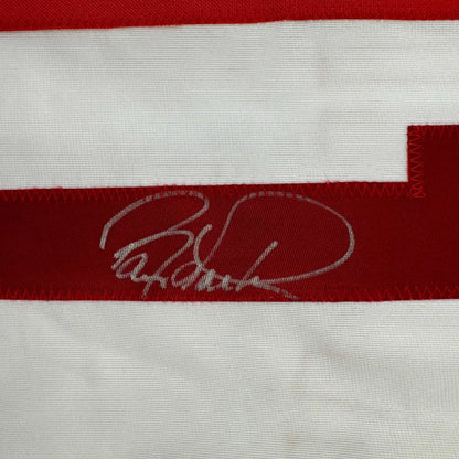 Autographed Barry Larkin custom jersey in red white stripes with silver signature