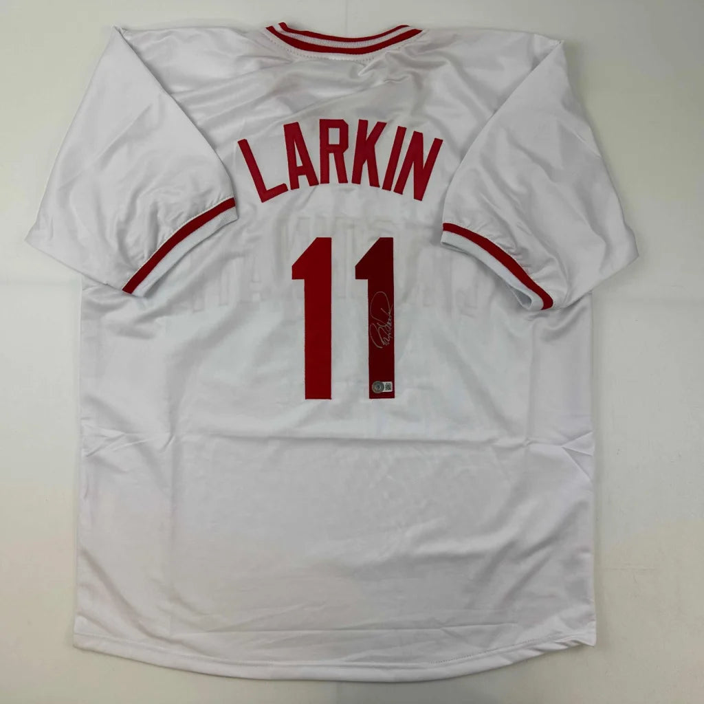 Autographed Barry Larkin custom jersey, white with red trim, number 11, Beckett COA