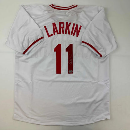 Autographed Barry Larkin custom jersey, white with red trim, number 11, Beckett COA