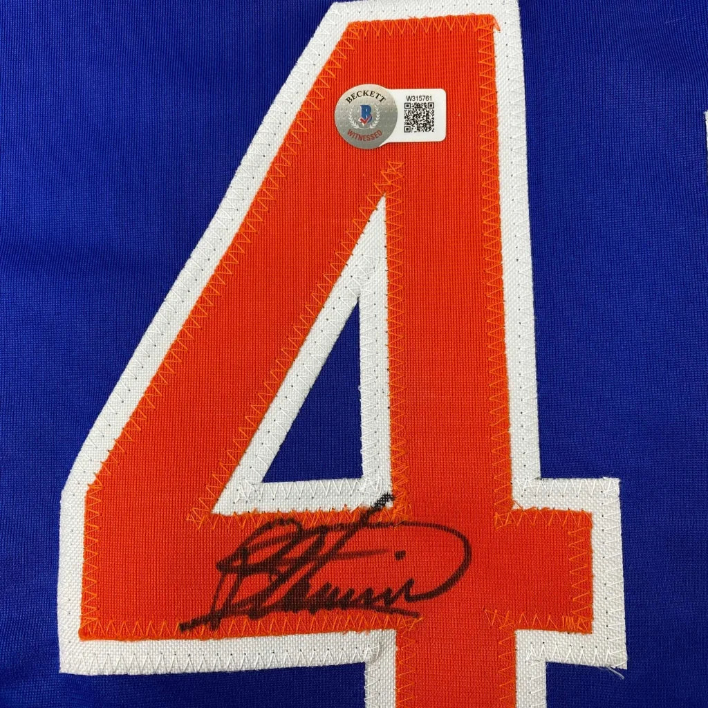 Autographed blue custom jersey with number 4 from a professional sports league