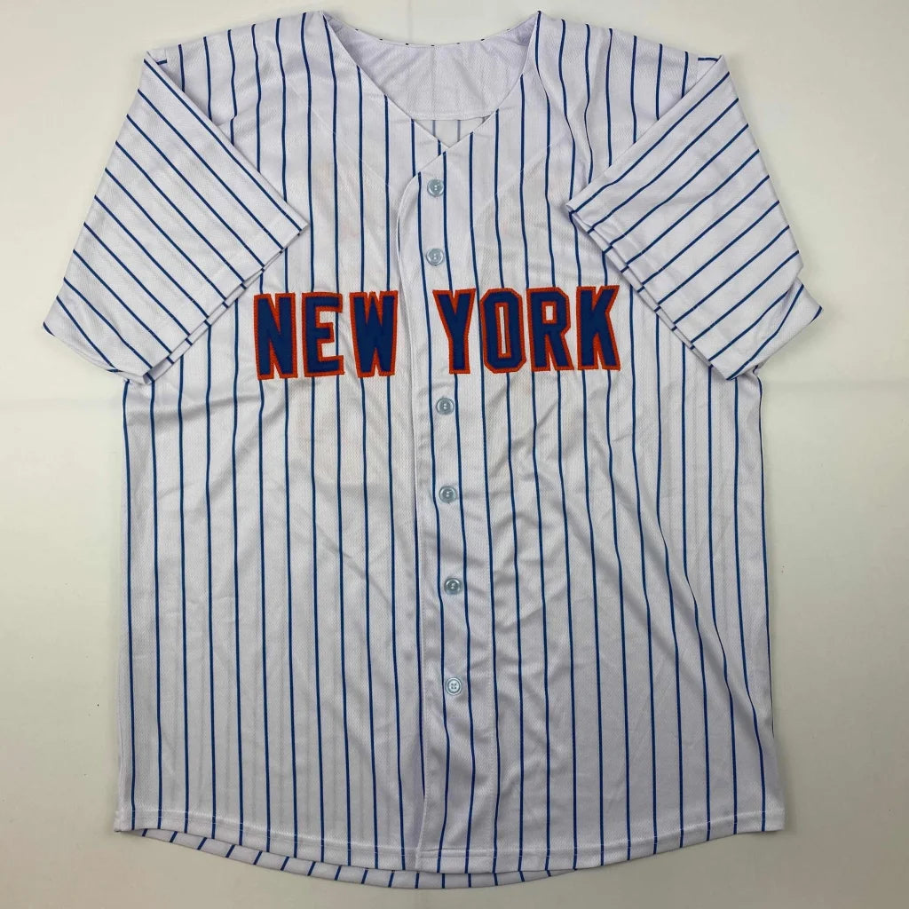 White pinstriped custom jersey with NEW YORK lettering, perfect for sports league fans
