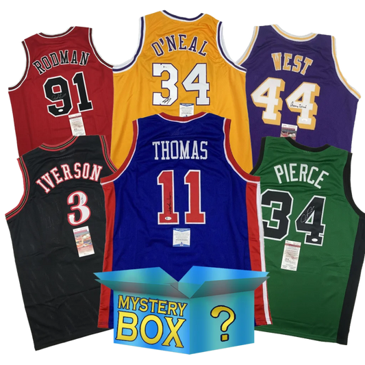 Autographed basketball jerseys in a jersey mystery box featuring diamond series custom jerseys