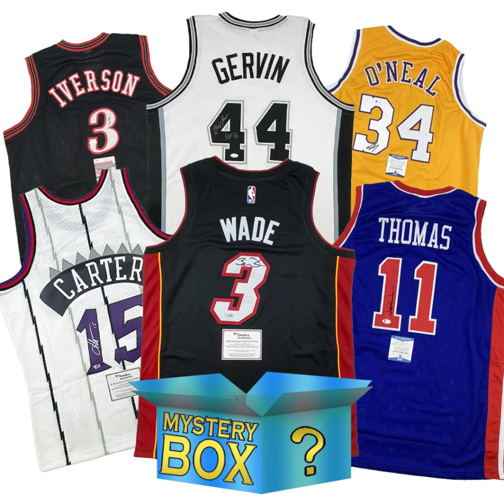 Autographed NBA custom jersey mystery box with Iverson, Gervin, ONeal, Carter, Wade, Thomas