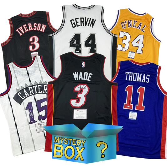 Autographed NBA custom jersey mystery box with Iverson, Gervin, ONeal, Carter, Wade, Thomas
