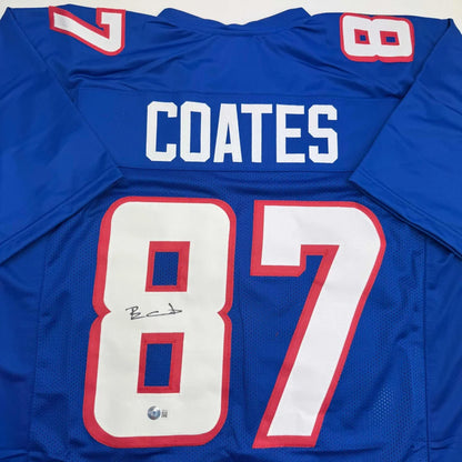 Autographed Ben Coates New England Blue Football Jersey Beckett BAS COA | Certified Authentic Signed Memorabilia | vintageantiquesgifts.com