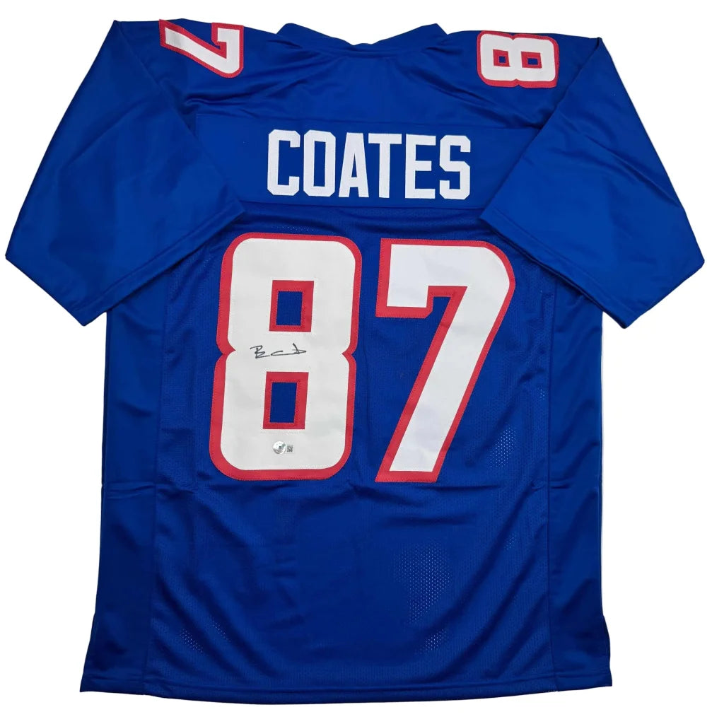 Autographed Ben Coates New England Blue Football Jersey Beckett BAS COA | Hall of Fame Sports Memorabilia | vintageantiquesgifts.com