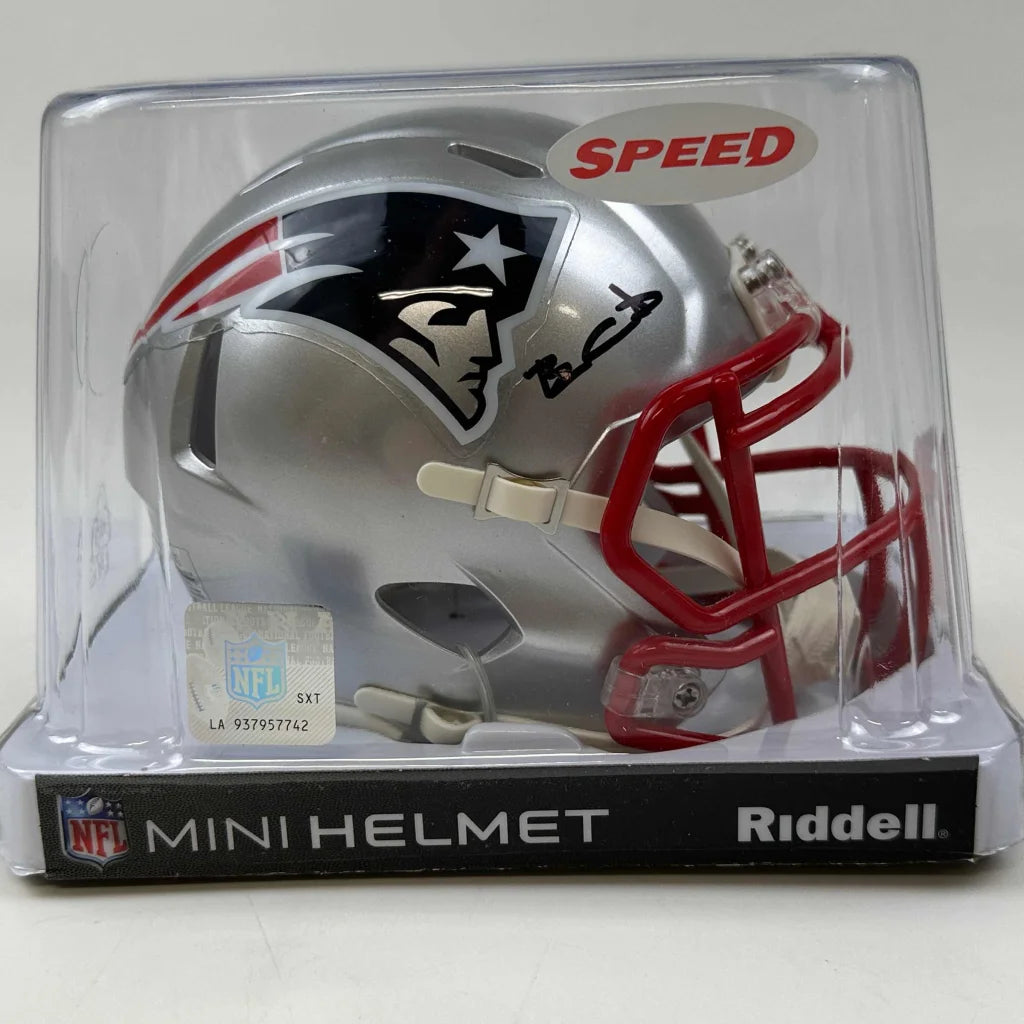 Authentic New England Patriots mini helmet with third party authentication in clear packaging