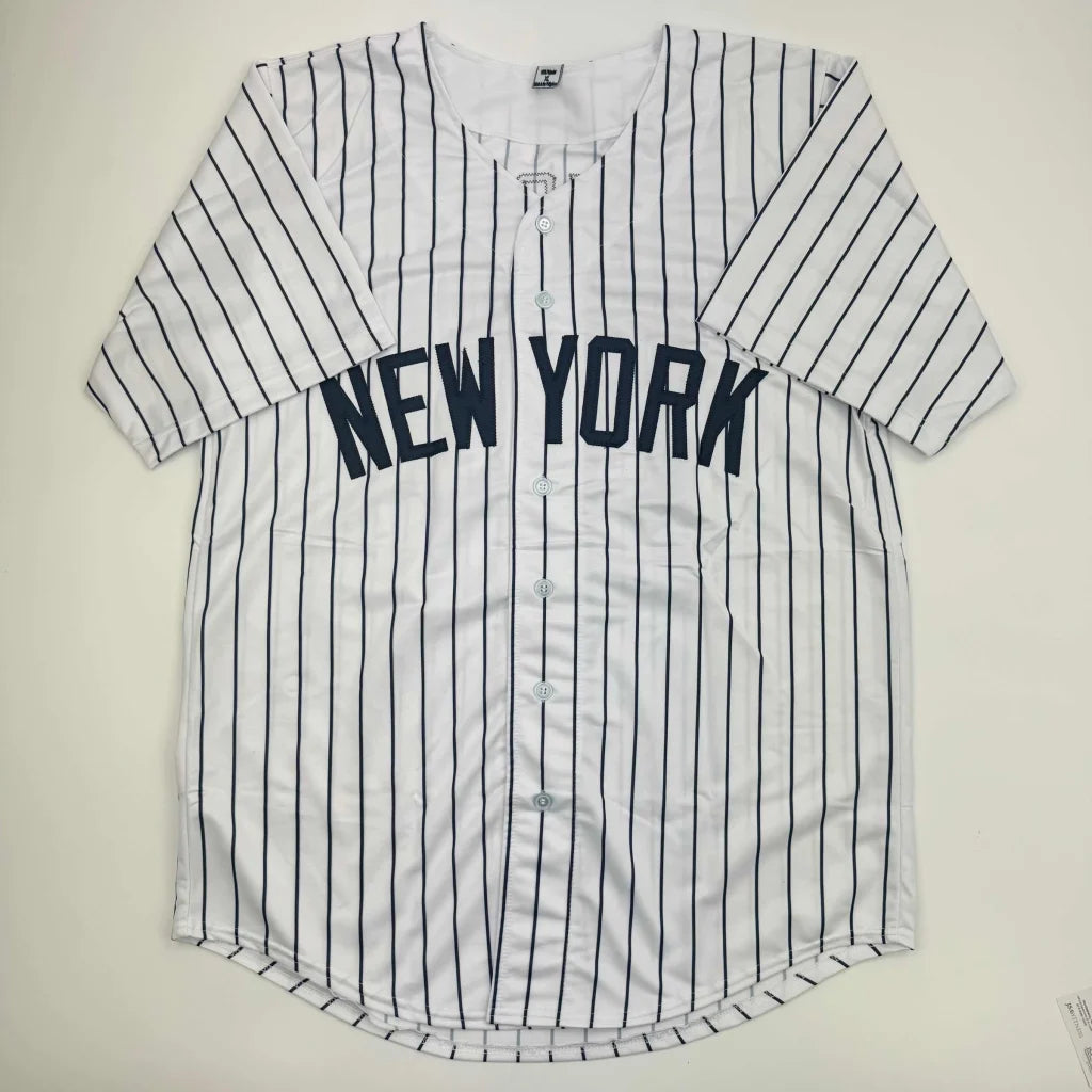 Autographed Ben Rice New York pinstripe custom jersey in white with black pinstripes for professional sports league fans