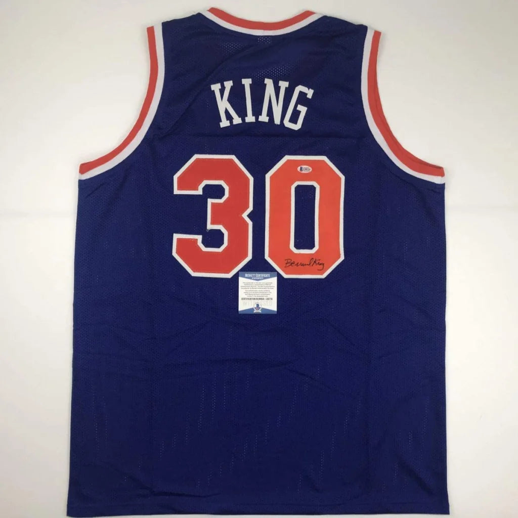 Blue basketball jersey with KING and 30, perfect for custom sports collectibles, Beckett BAS COA