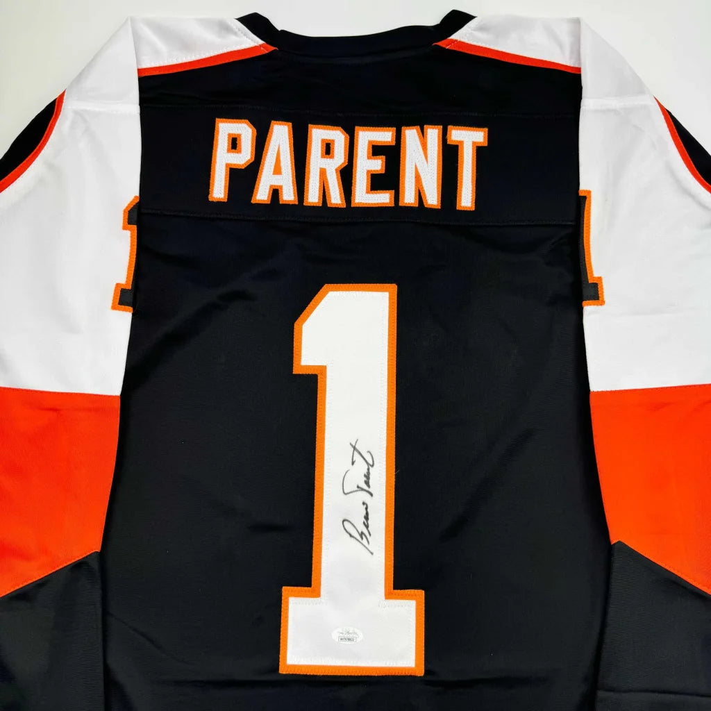 Autographed Bernie Parent Philadelphia Black Hockey Jersey JSA COA | Certified Authentic Signed Memorabilia | vintageantiquesgifts.com