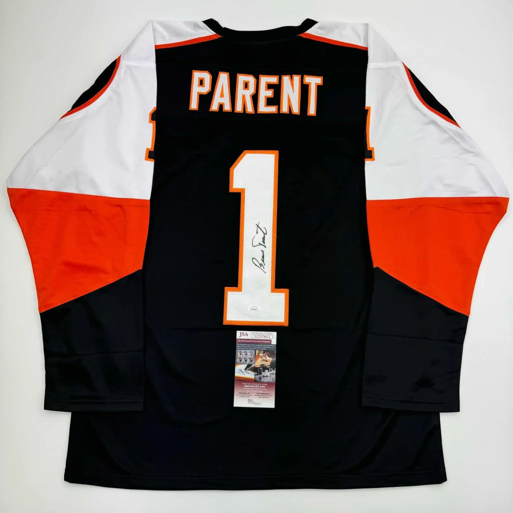 Autographed Bernie Parent Philadelphia Black Hockey Jersey JSA COA | Hall of Fame Sports Memorabilia | vintageantiquesgifts.com