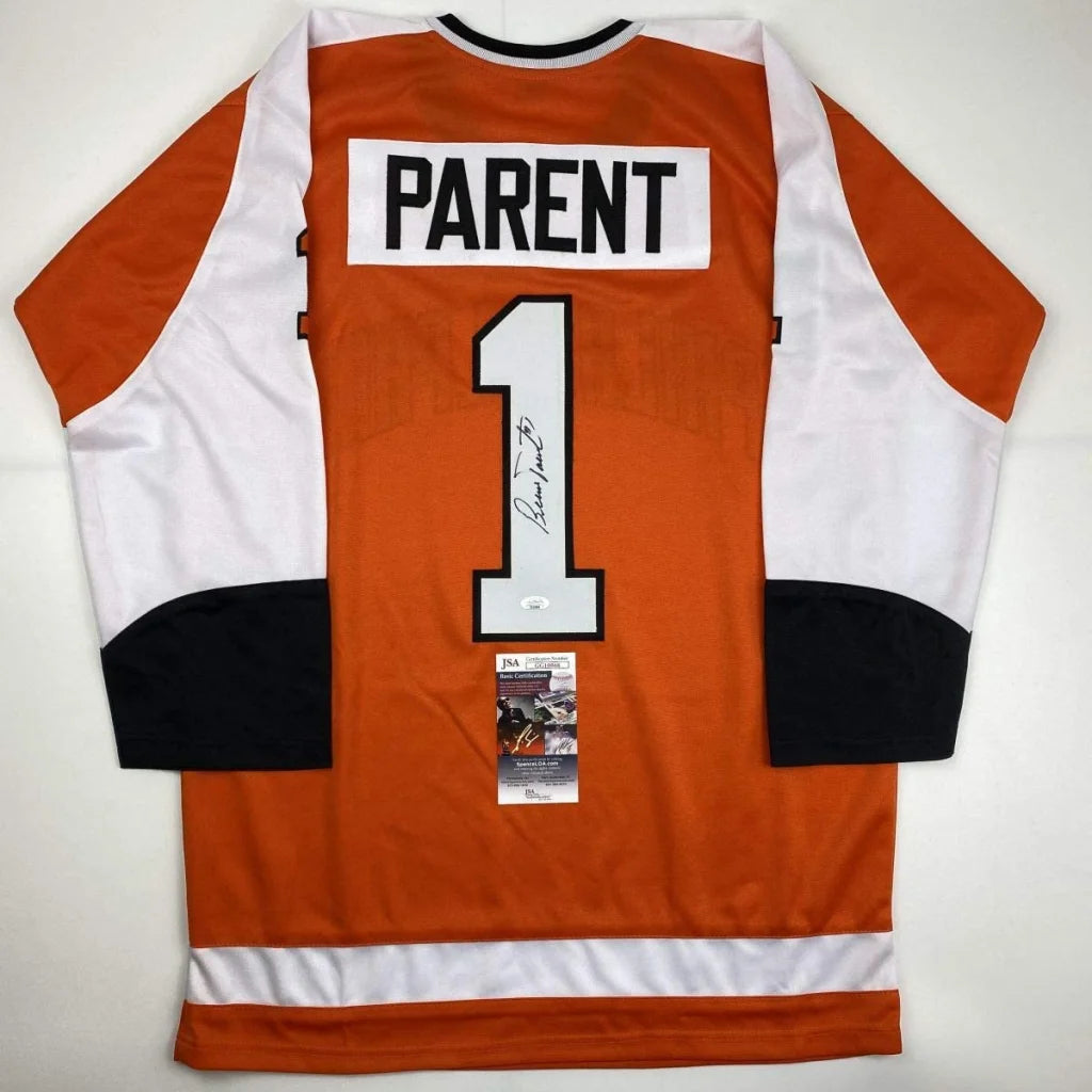 Autographed Bernie Parent Philadelphia Orange Hockey Jersey JSA COA | Hall of Fame Sports Memorabilia | vintageantiquesgifts.com
