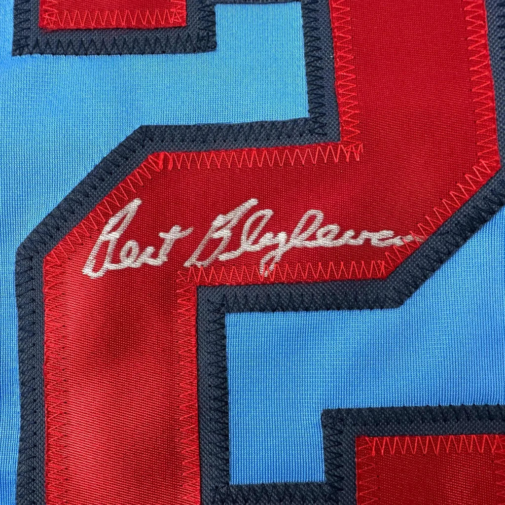 Autographed Bert Blyleven custom jersey in Minnesota light blue, professional sports league icon