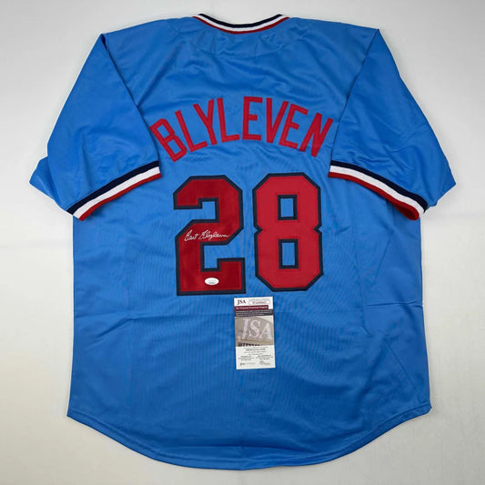 Signed Bert Blyleven custom jersey with light blue, red lettering, and striped sleeves