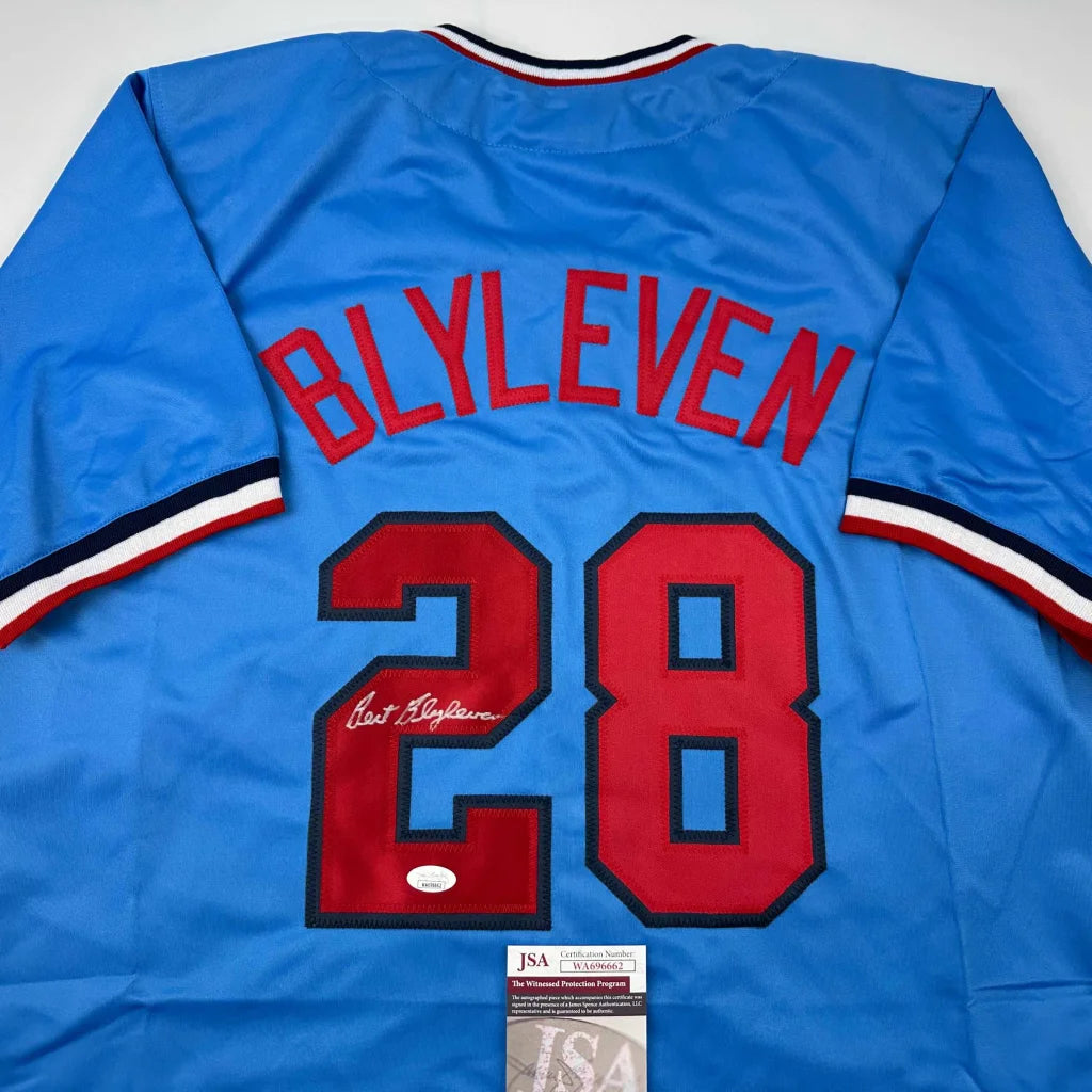 Autographed Bert Blyleven custom jersey in Minnesota light blue with red name and number 28
