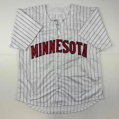 White pinstriped Minnesota baseball jersey from Bert Blyleven custom jersey collection