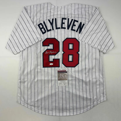 White pinstriped baseball jersey with red 28 and signed black nameplate, perfect custom sports league collectible