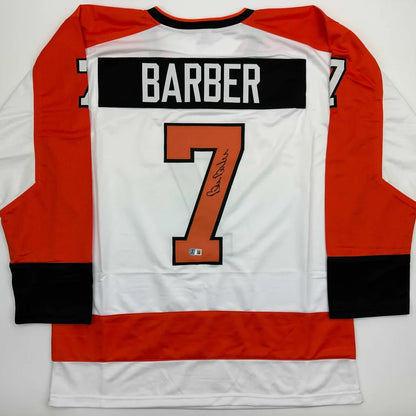 Autographed Bill Barber Philadelphia White Hockey Jersey Beckett BAS COA | Hall of Fame Sports Memorabilia | vintageantiquesgifts.com