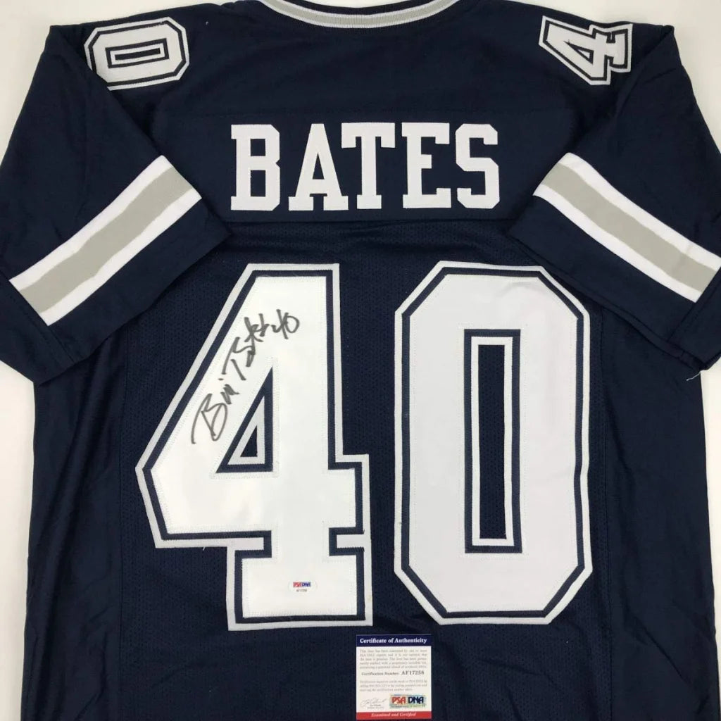 Back of a navy blue dallas cowboys custom jersey signed by bill bates with white and silver lettering number 40 professional sports league