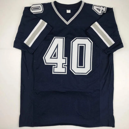 Navy blue autographed bill bates football custom jersey with white and silver number 40 for professional sports league fans
