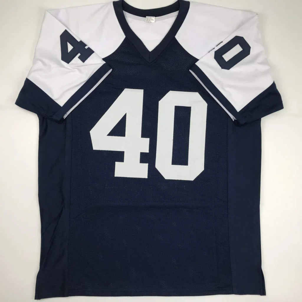 Autographed navy blue and white custom Bill Bates Dallas Thanksgiving day football jersey with bold number 40 from professional sports league