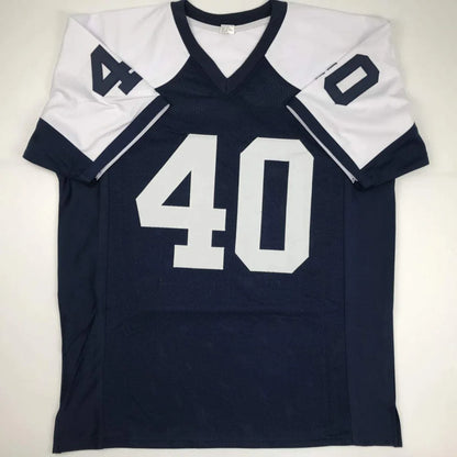 Autographed navy blue and white custom Bill Bates Dallas Thanksgiving day football jersey with bold number 40 from professional sports league
