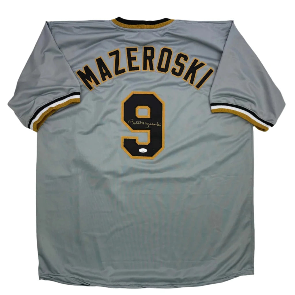 Gray custom jersey with black and gold trim featuring Mazeroski 9 for professional sports fans