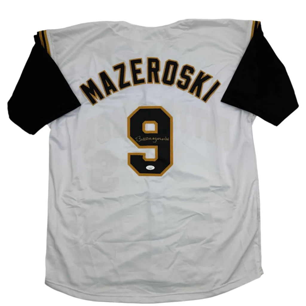 White and black baseball jersey with ’MAZEROSKI’ and ’9’’ on the back.