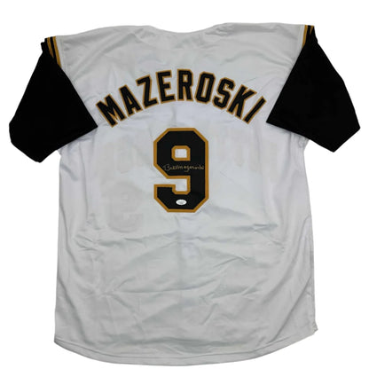 White and black baseball jersey with ’MAZEROSKI’ and ’9’’ on the back.