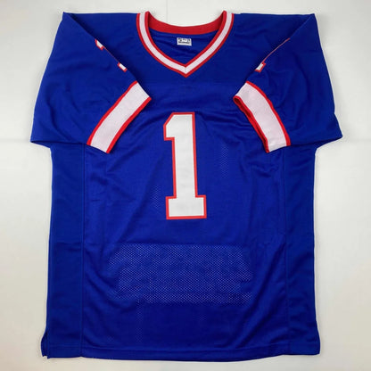 Autographed Bill Parcells royal blue custom jersey, number 1, JSA COA