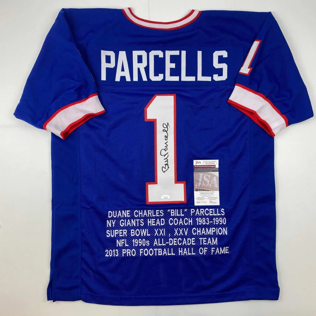 Blue New York Giants custom jersey with Bill Parcells autograph and JSA sticker, perfect for professional sports fans