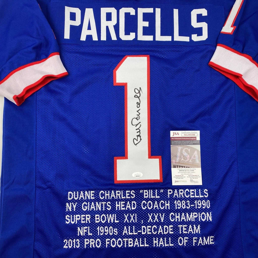 Autographed Bill Parcells New York Giants jersey with JSA certification for pro sports fans